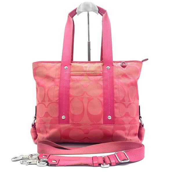 COACH シグネチャー A4 トートバッグ 2WAY ショルダーバッグ 総柄 ショルダー紐調整可能 肩掛け 斜め掛け ショルダーストラップ付き ピンク