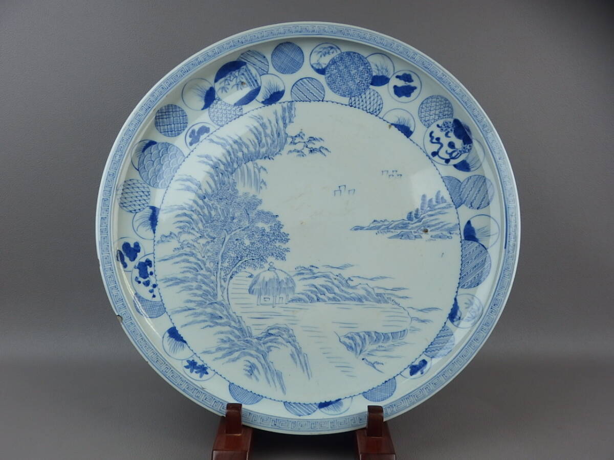数と骨董】古伊万里染付菊花七宝繋文輪花皿 d19.7cm Imari Blue