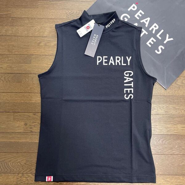 送料無料PEARLY GATESパーリーゲイツLADIES BIG PGハイネックスリーブレスシャツ鹿の子通気性肌サラUVCUTポリエステル希少紺(お買得1)新品