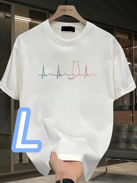 【プレミアムT】新品●白★L+サイズ《CATS Line》半袖Tシャツ■しっかり綿100%●スポーツ&タウン