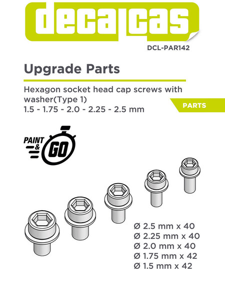 Decalcas DCL-PAR142:ワッシャー付き六角穴付きボルト - タイプ1 - 1.5 ~ 2.5 mm レジンパーツDCLPAR142