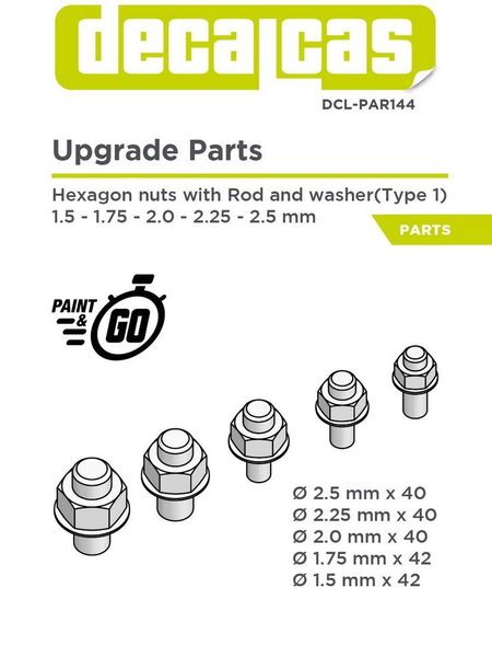 Decalcas DCL-PAR144:ロッドとワッシャー付き六角ナット - タイプ1 - 1.5 ~ 2.5 mm レジンパーツDCLPAR144