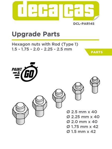 Decalcas DCL-PAR145:ロッド付き六角ナット - タイプ1 - 1.5 ~ 2.5 mm レジンパーツDCLPAR145