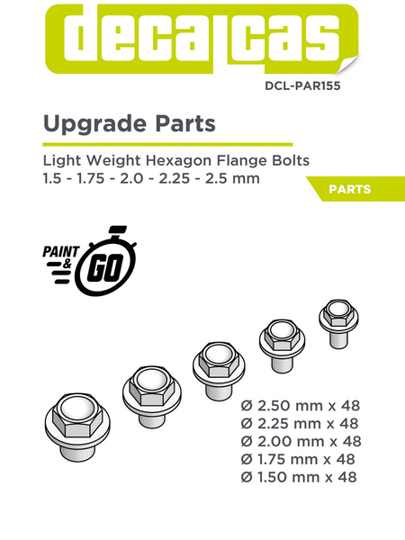 Decalcas DCL-PAR155:軽量六角フランジボルト - 1.5 ~ 2.5 mm レジンパーツDCLPAR155