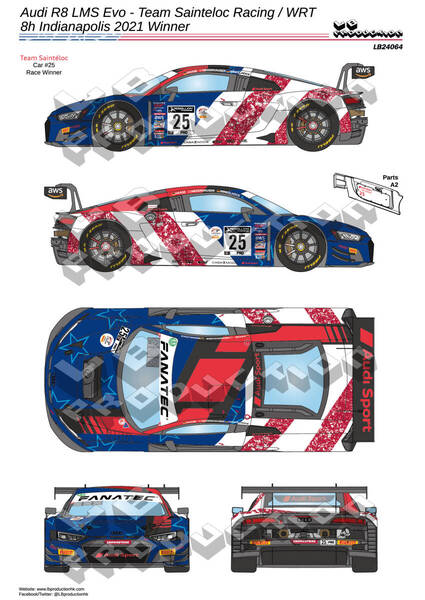 LBプロダクション LB24064:1/24 アウディR8 LMS Evo(チームSaintelocレーシング/RT)#25インディアナポリス2021優勝 水転写デカールLB24064