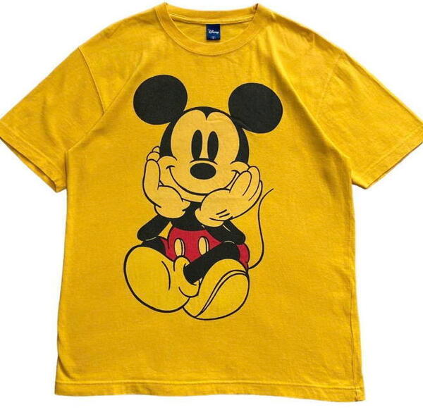 Disney ディズニー お座りミッキーマウス 半袖 tシャツ プリント 黄色 M