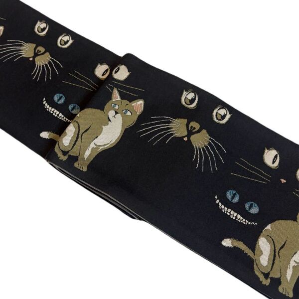 【新品未使用】おりびと正絹半幅帯 猫 目玉 ひげ 個性的 可愛い 長尺