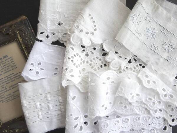 フランス レース 10点 刺繍 トリム 綿レース クロッシェ ニードル バテン タティング リバー スカラップ 装身具 アンティーク a6