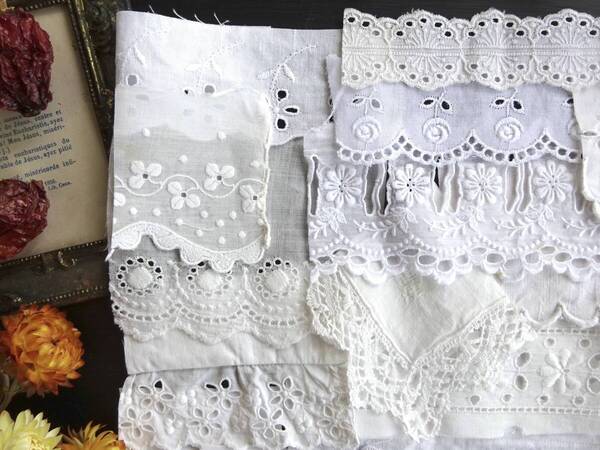 1800年末-1900年 フランス レース 14点 刺繍 トリム 綿レース クロッシェ バテン 装身具 アンティーク a5