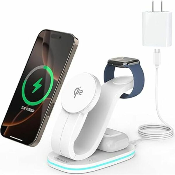 大特価Qi2認証 ワイヤレス充電器 3in1 MagSafe式 急速充電