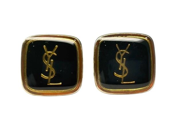 【送料無料!!】YSL YVES SAINT LAURENT イヴサンローラン カフス カフリンクス ボタン ロゴプレート 金 黒 ブラック ゴールド cuffs