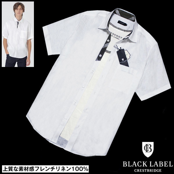 送料無料!定2.5万 新品 L(3)ブラックレーベル クレストブリッジ フレンチリネン100% 麻 CBチェック 半袖シャツ白BLACK LABEL CRESTBRIDGE