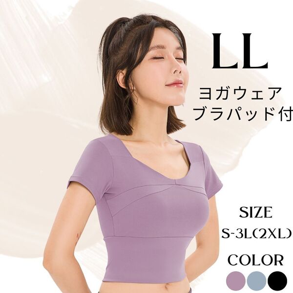 半袖 ブラトップ LL XL パープル 紫 カップ付き ヨガウェア インナー Tシャツ ランニング トレーニング フィットネス