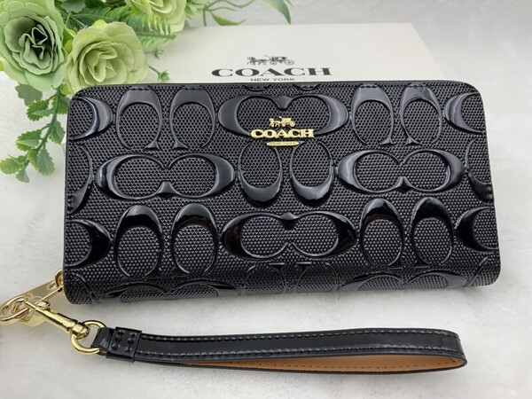 コーチ 財布 COACH 長財布 シグネチャー アコーディオン ストラップ付き ブラック ロング ジップ ウォレット 男女兼用 新品未使用 C357