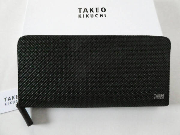 新品 TAKEO KIKUCHI タケオキクチ 型押し牛革製ラウンドジップ長財布 黒 送料無料 バース