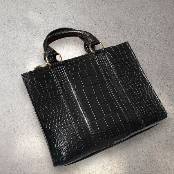 ■極上の逸品■黒×黒×金 クロコダイル トートバッグ ブラック ゴールドファスナー 2way ショルダーバッグ ワニ革 牛革 最上級 本物