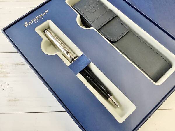 【未使用】 ウォーターマン ボールペン エキスパートDX WATERMAN ツイスト式 ブラック×シルバー色 筆記具 箱・ペンケース付き