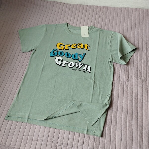 未使用 レトロ ロゴ 半袖 Tシャツ 子供 150 ゆったり 幅50 丈66 綿100 スモーキーミント 大人も着られる 色柄違い出品中 匿名 送料無料