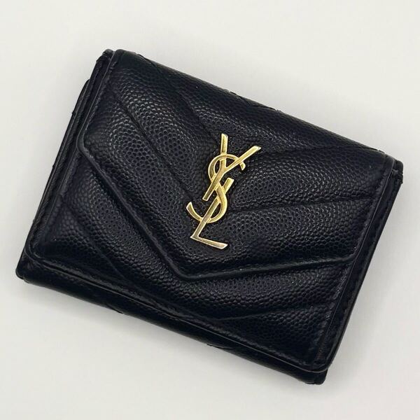 ①saint laurant サンローラン 三つ折り財布 Vステッチ キャビアスキン YSLロゴ 黒