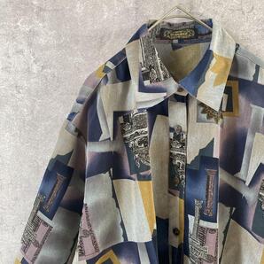クレイジーパターン柄シャツ 長袖 ポリシャツ Mレディース大きめ d