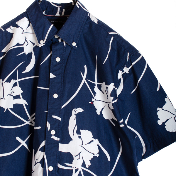 美品 TOMMY HILFIGER トミーヒルフィガー アロハ シャツ Regular Fit メンズ Mサイズ ネイビーxホワイト ボタンダウン コットン アメカジ