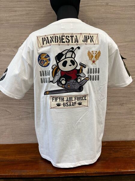 PANDIESTA 5TH AIR FORCEツイル切替半袖Tシャツ 585850 白 XLサイズ ししゅう 可愛い パンダ ミリタリ- 熊猫謹製