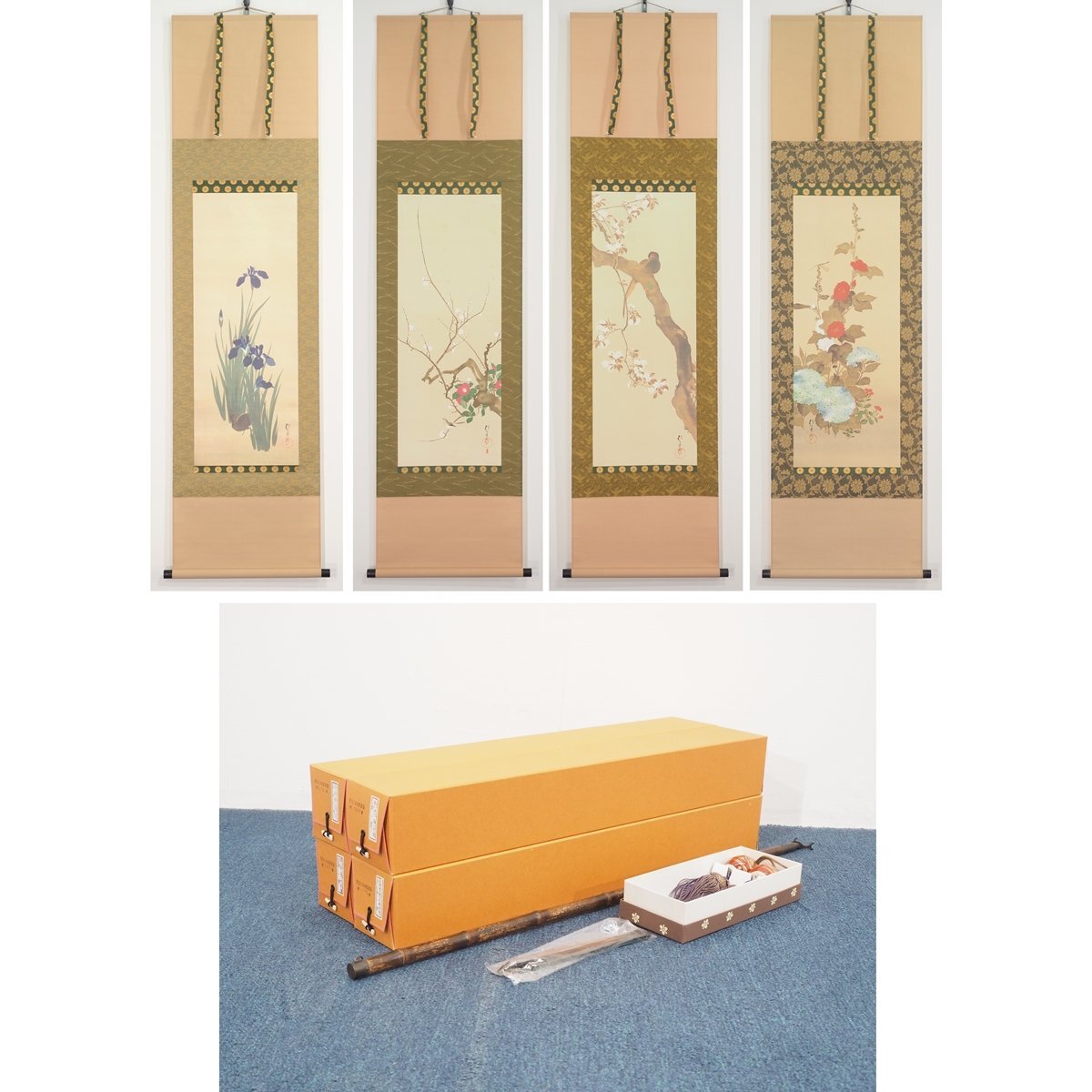 酒井抱一「花鳥画」掛軸 絹本：渡辺拈華／鑑定箱