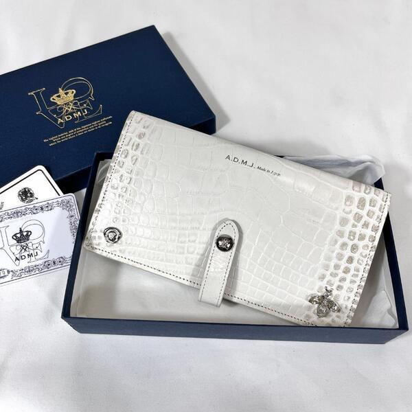 <極美品!!>■A.D.M.J. エーディーエムジェイ 型押しクロコ ウォレット 財布 レザー 本革 THE BEE 上品 ホワイト 管:K-2504108
