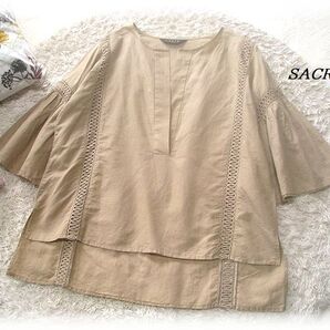 送料無料*サクラ/SACRA*LADDER LACEブラウス/プルオーバーデザイン/コットンリネン素材/はしごレース/日本製/38