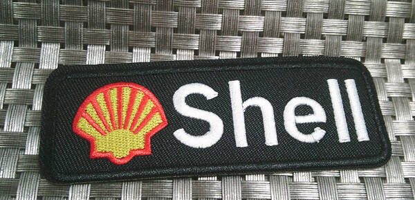 《黒長Sh黄赤貝》 角丸長方形◆新品Shell シェル 石油 刺繍ワッペン◆モータースボーツ 自動車 バイク レース■洋服・衣類DIY