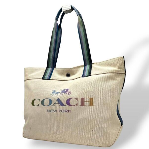 コーチ トートバッグ 白 ハンプトンズ キャンバス coach 肩掛け T2