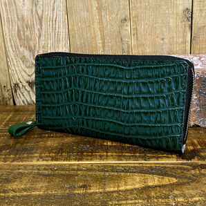 ラウンドファスナー ロングウォレット 長財布 クロコ 型押し革 手作り レザー ハンドメイド 革 クロコダイル ワニ 牛革 グリーン