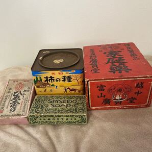 昭和レトロ 当時物 木箱 空箱 薬箱 置き薬 越中富山 柿の種 昭和 大正 明治 小物入れ コレクション コレクター