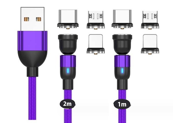 【2本セット 1m+2m】マグネット充電ケーブル 3A 急速充電 540°回転 3in1 マグネット式 磁石 着脱式(色: パープル)