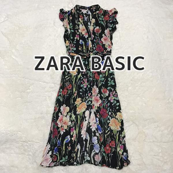 即決★ ZARA ザラ マキシ丈 ロング ワンピース シャツワンピ リボン 花柄 総柄