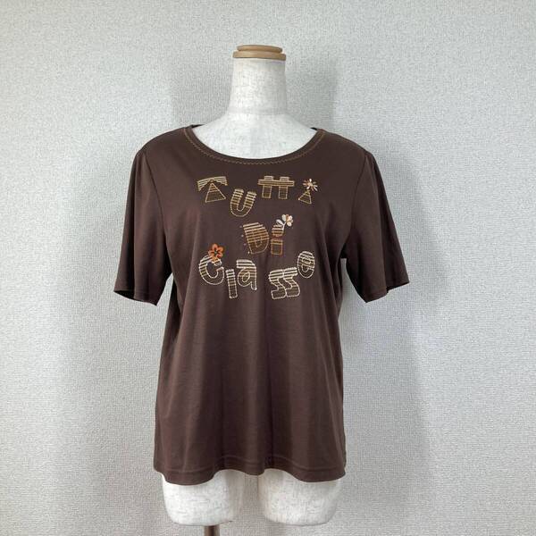 【レリアン】カットソー トップス Tシャツ 茶 11 L ラインストーン 刺繍 丸首 綿 コットン 日本製 y2k フェアリーグランジ