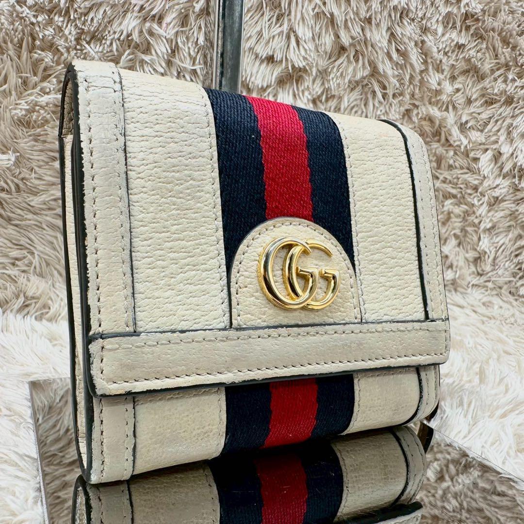 美品】グッチ 二つ折り財布 ホワイト フローラ シェリーライン