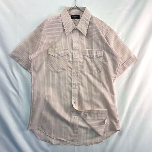 US Vintage アメリカ製 70-80s Ruddock Bros Shirtmakers 刺繍 立体 フラップポケット 淡色 レトロ ストライプ 総柄 ドレス デザインシャツ