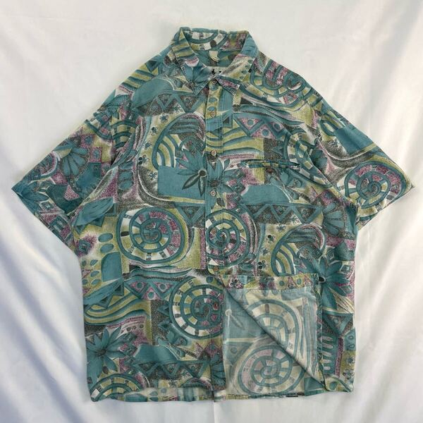 US Vintage 80-90s? MEN'S FASHION CLUB レーヨン 好配色 エメラルドグリーン クレイジーパターン 花 幾何学 エスニック アート 総柄シャツ