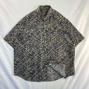 US Vintage ロシア製 90s ROBERT STOCK リネン コットン ボタンダウン プリミティブ 民族 エスニック 幾何学模様 アート アロハ 総柄シャツ