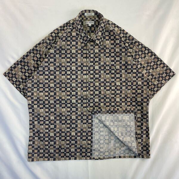 US Vintage 90s via veneto コットン100% くすみカラー エスニック 民族 花柄 ムラ染め アジアン 格子 ブロック 総柄 デザインシャツ
