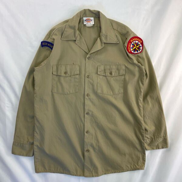 US Vintage アメリカ製 80-90s Dickies ツイル 刺繍 ワッペン カーキ ベージュ フラップポケット アウトドア ワーク デザインシャツ