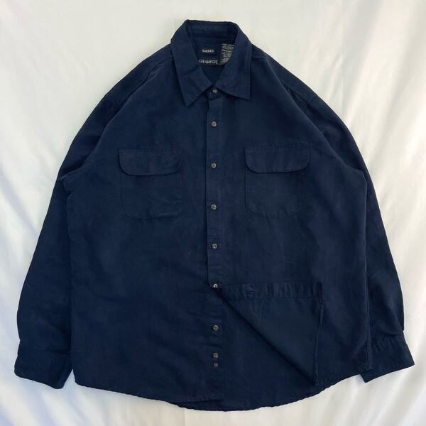 US Vintage 90s GEORGE ベロア ベルベット 起毛 フェイクスエード フラップポケット 単色 プレーン ネイビー 紺 デザインシャツ ポリシャツ