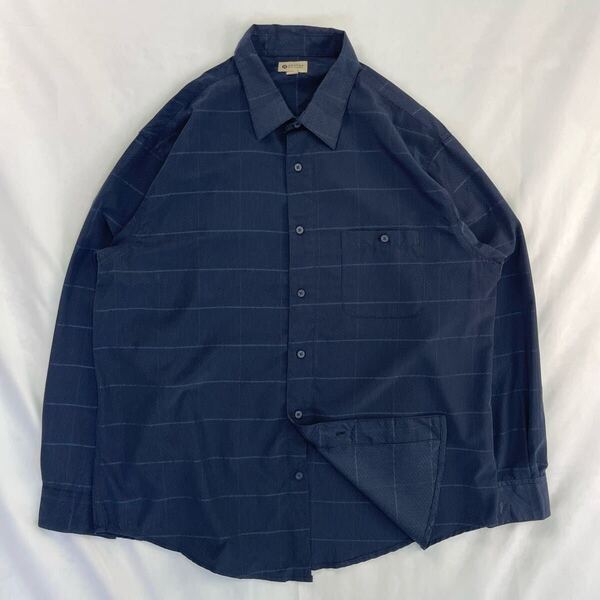 US Vintage 00s haggar ポリエステル100% 幾何学模様 格子 チェック とろみ ドレープ ネイビー 紺 総柄 ドレス デザインシャツ ポリシャツ