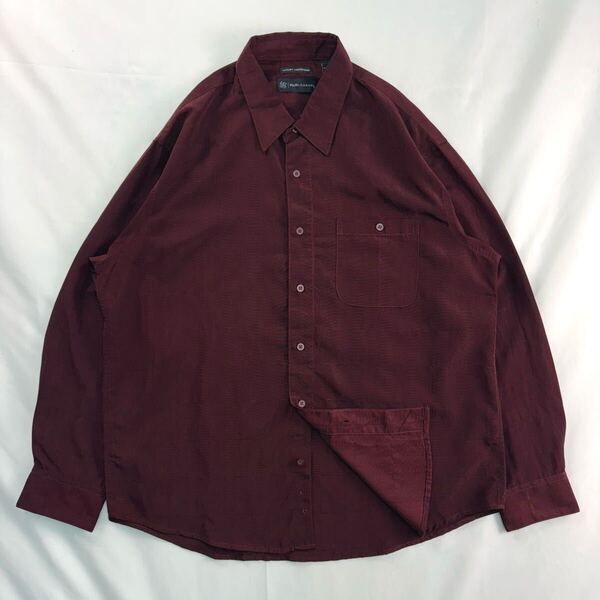 US Vintage 00s R&R CASUAL 光沢 立体 刺繍 格子 チェック とろみ ドレープ ボルドー バーガンディ 臙脂 ドレス 総柄シャツ ポリシャツ