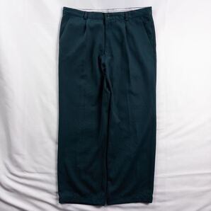 Euro Vintage 90s Unknown ワンタック ツイル 単色 プレーン 深緑 グリーン レトロ ワイド ドレス デザインスラックス トラウザーズ