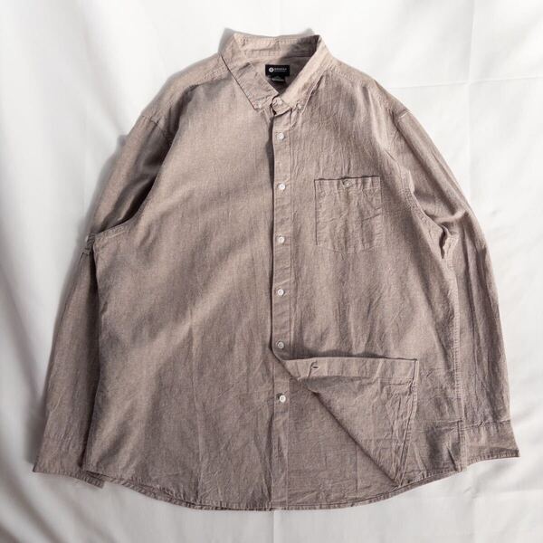 US Vintage 00s HAGGAR リネン55% コットン45% ボタンダウン シャンブレー カスリ くすみカラー 単色 プレーン ブラウン デザインシャツ