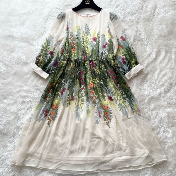 未使用 Otto collection オットーコレクション シフォン ワンピース 花柄 アイボリー Mサイズ ビーズ付き