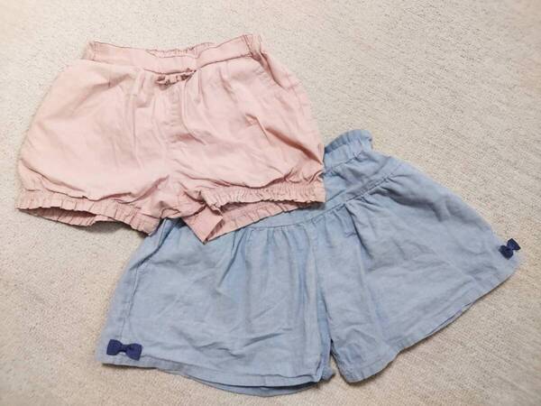 USED☆110サイズショートパンツ2枚セット(西松屋リボン付きかぼちゃパンツ ピンク&リボン付きキュロットパンツ 水色)