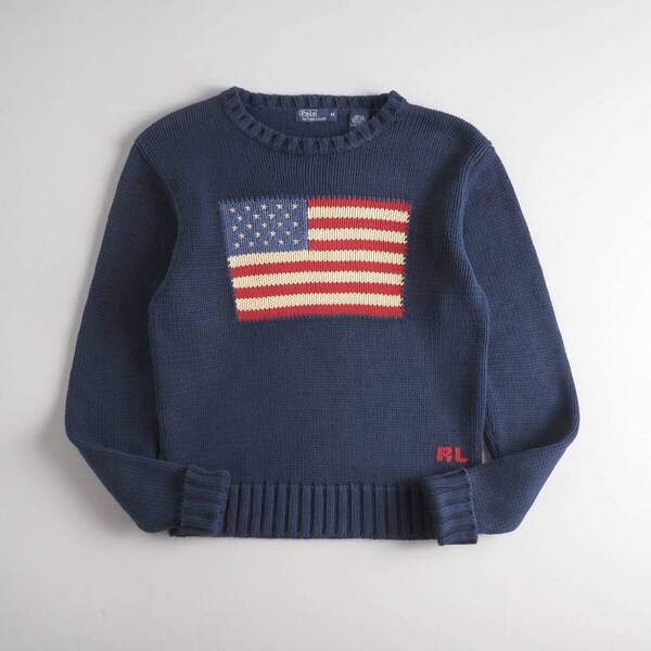 ラルフローレン Ralph Lauren 綿100% ニット セーター 星条旗柄 ネイビー メンズ 美品